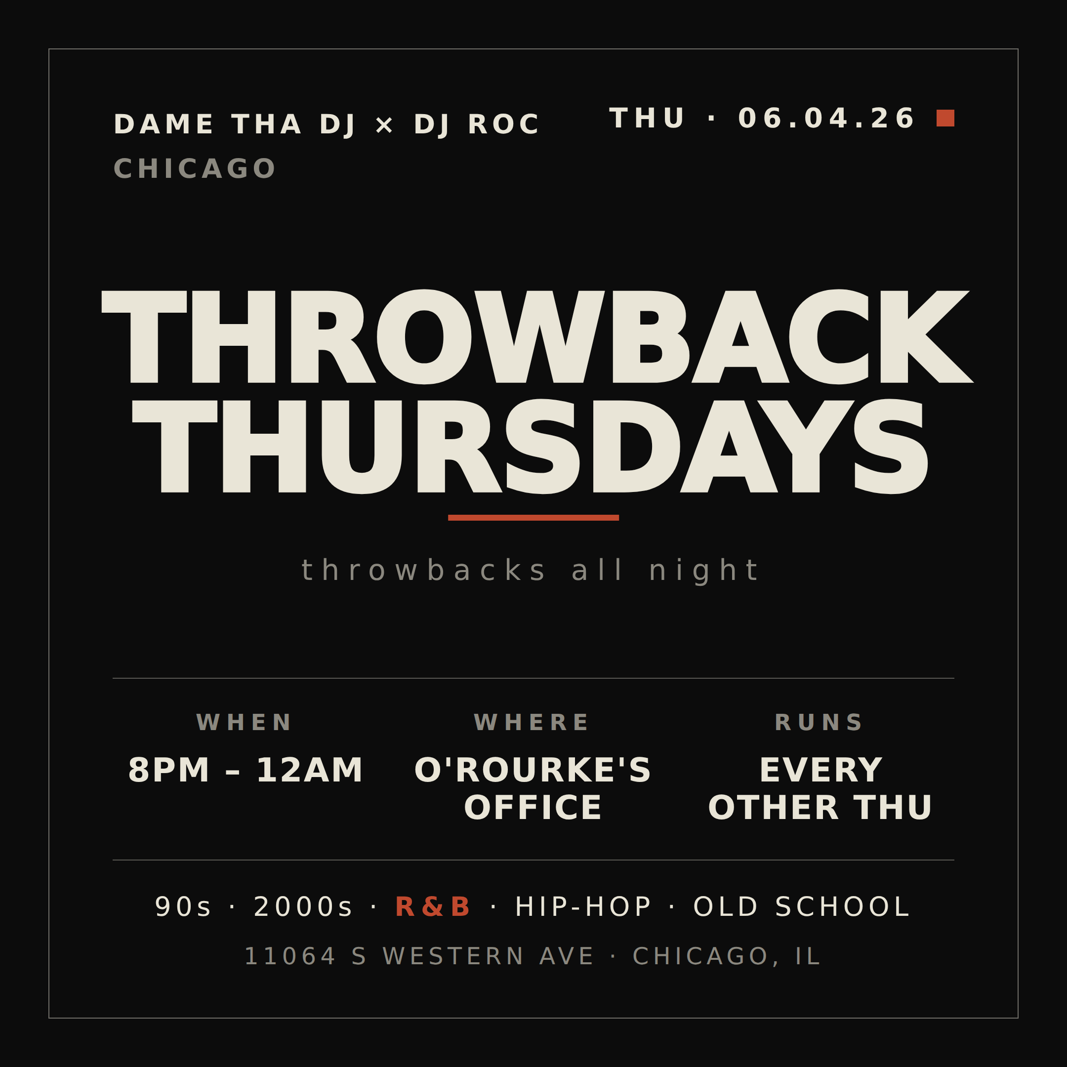 Throwback Thursdays flyer — O'Rourke's Office, June 4, 2026